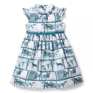 Janie & Jack Horse Print Short Flutter Sleeve Dress Turquoise Teal Size 3